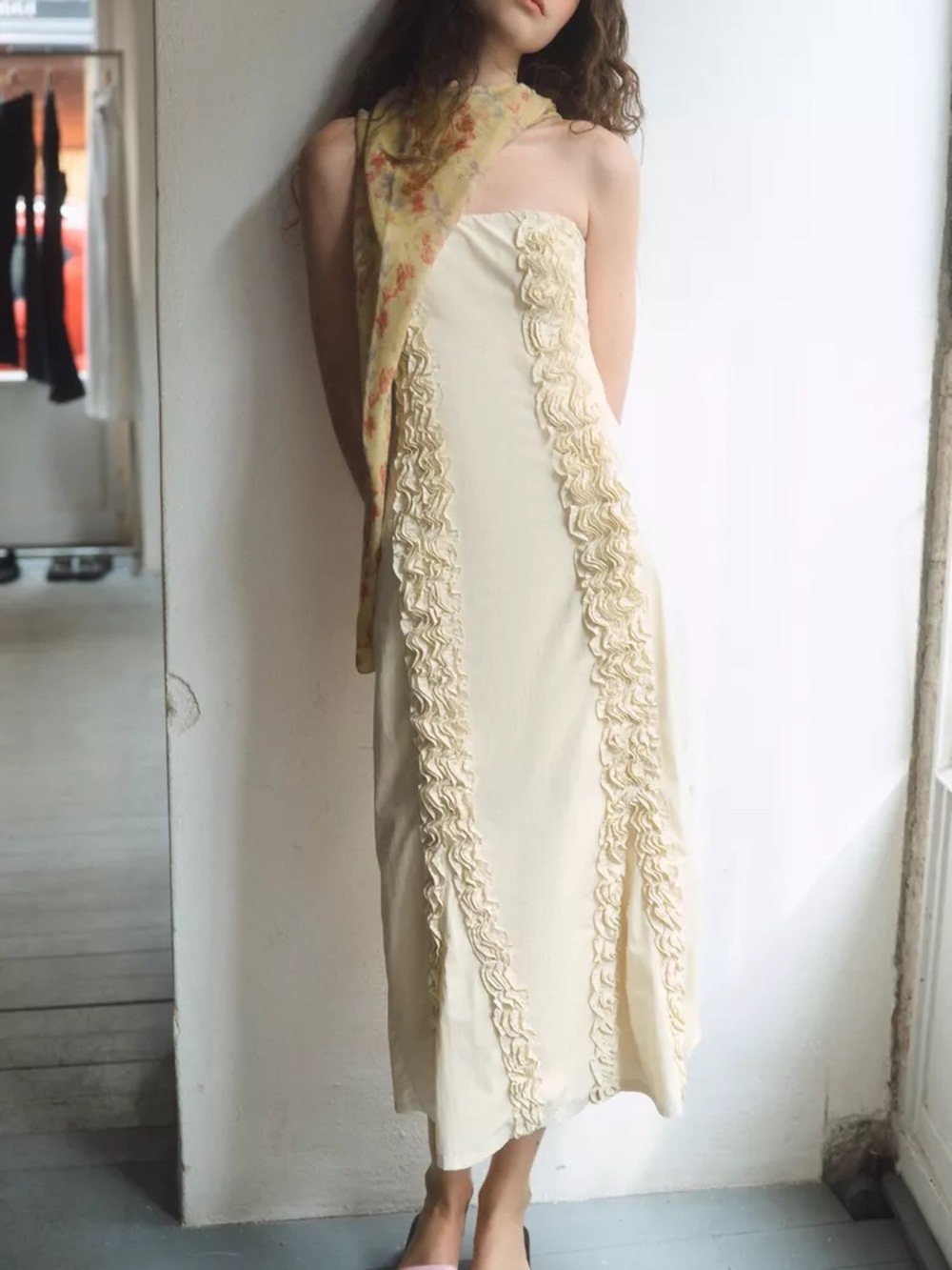 Ivory Cream Ruffle Midi Dress Tube Strapless Size M Zara